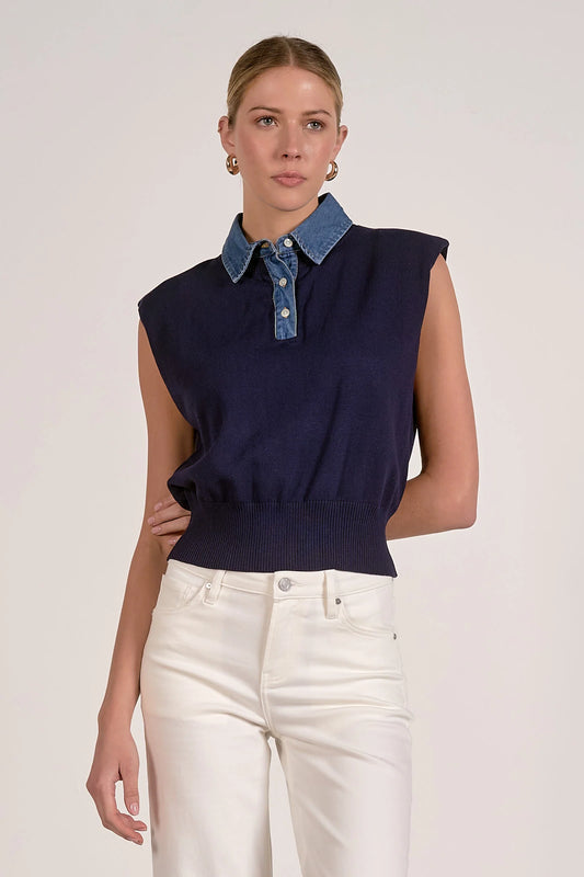 Cap Sleeve Mixed Media Top - Navy
