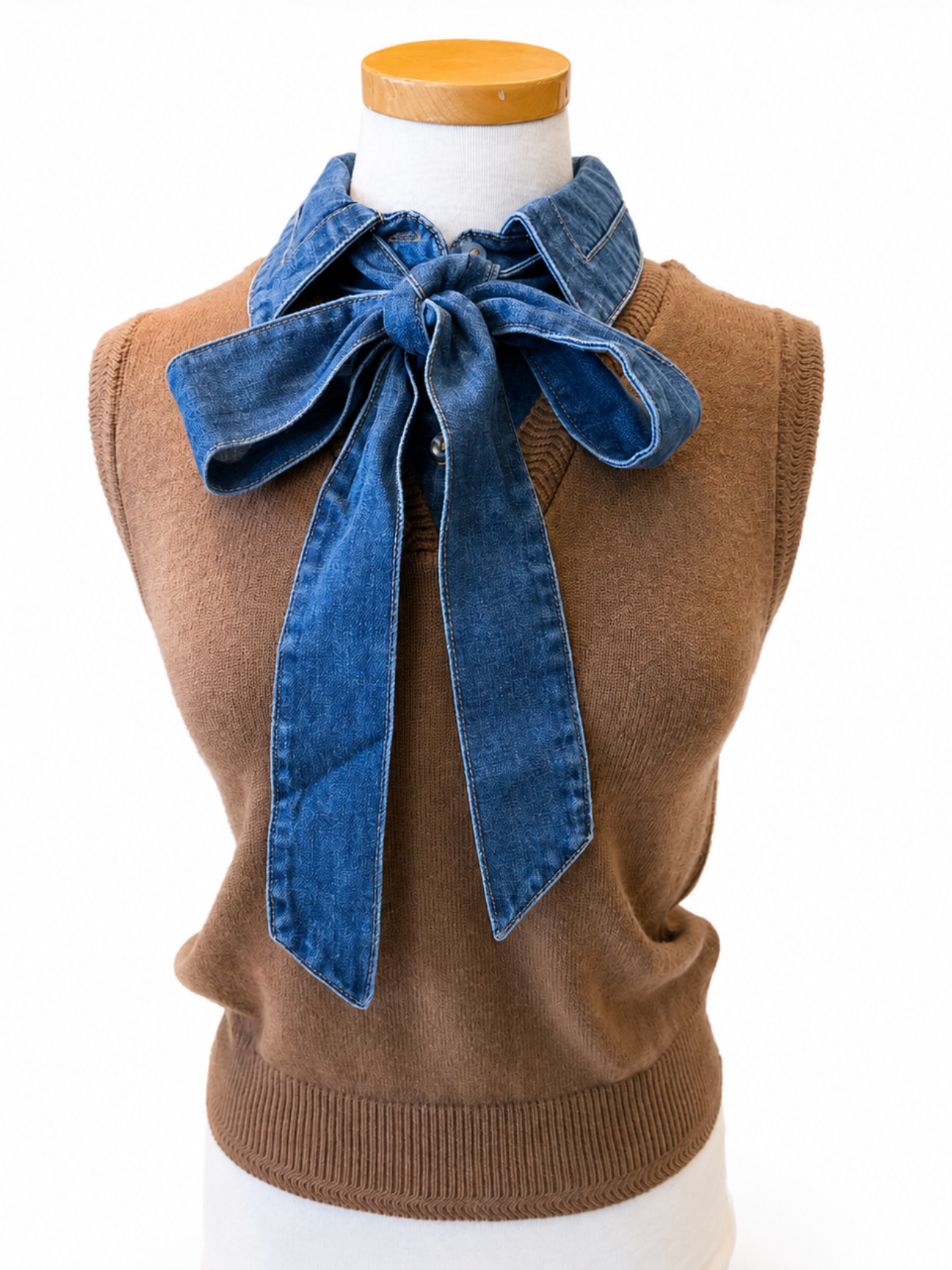 Denim Tie Neck Knit Top