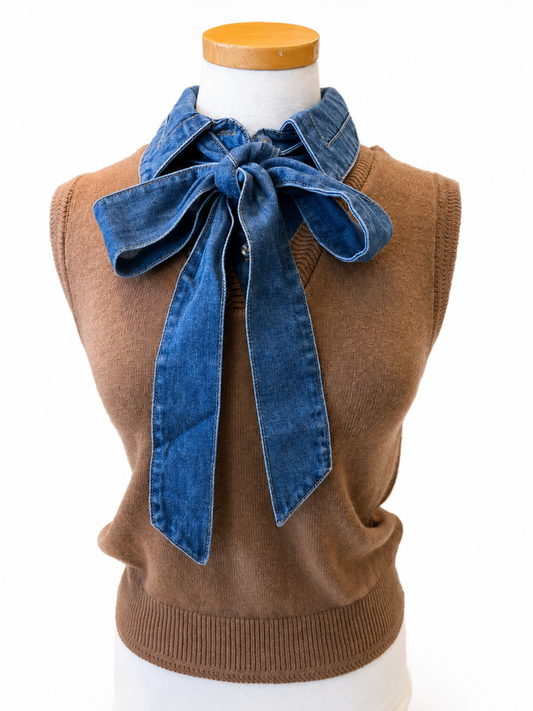Denim Tie Neck Knit Top