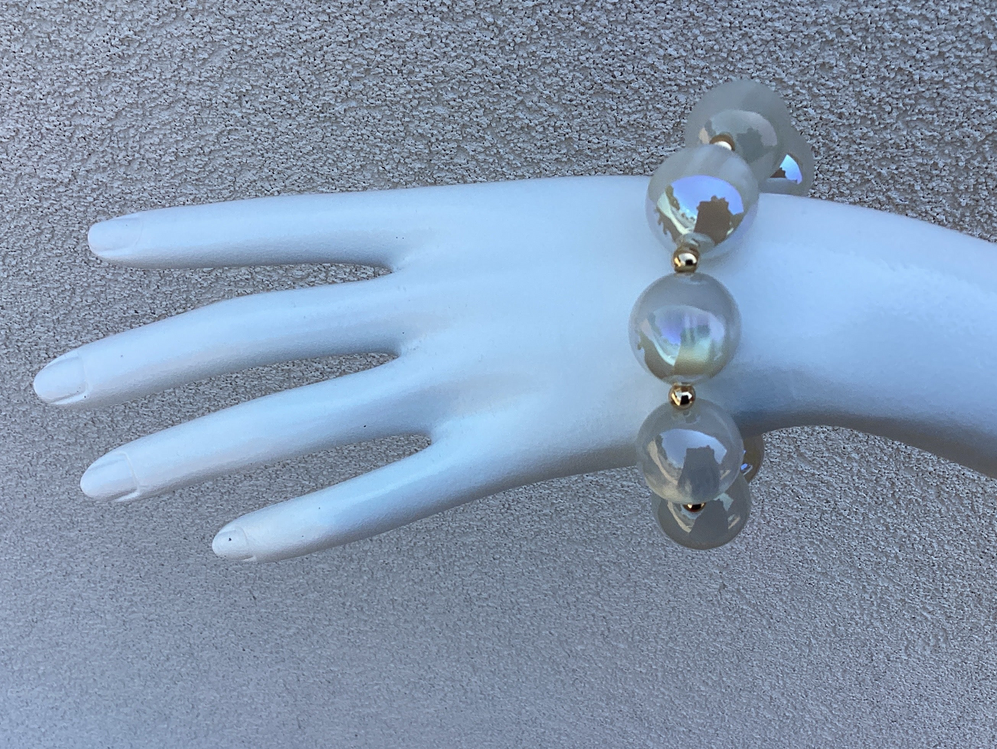 Acrylic Beaded Bracelet in Iridescent White with Small Gold Accents