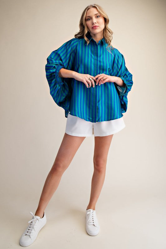 Green And Blue Balloon Sleeve Top