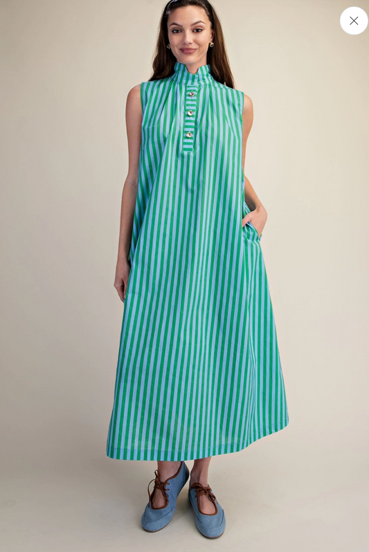 Green Collared Striped Midi Dress