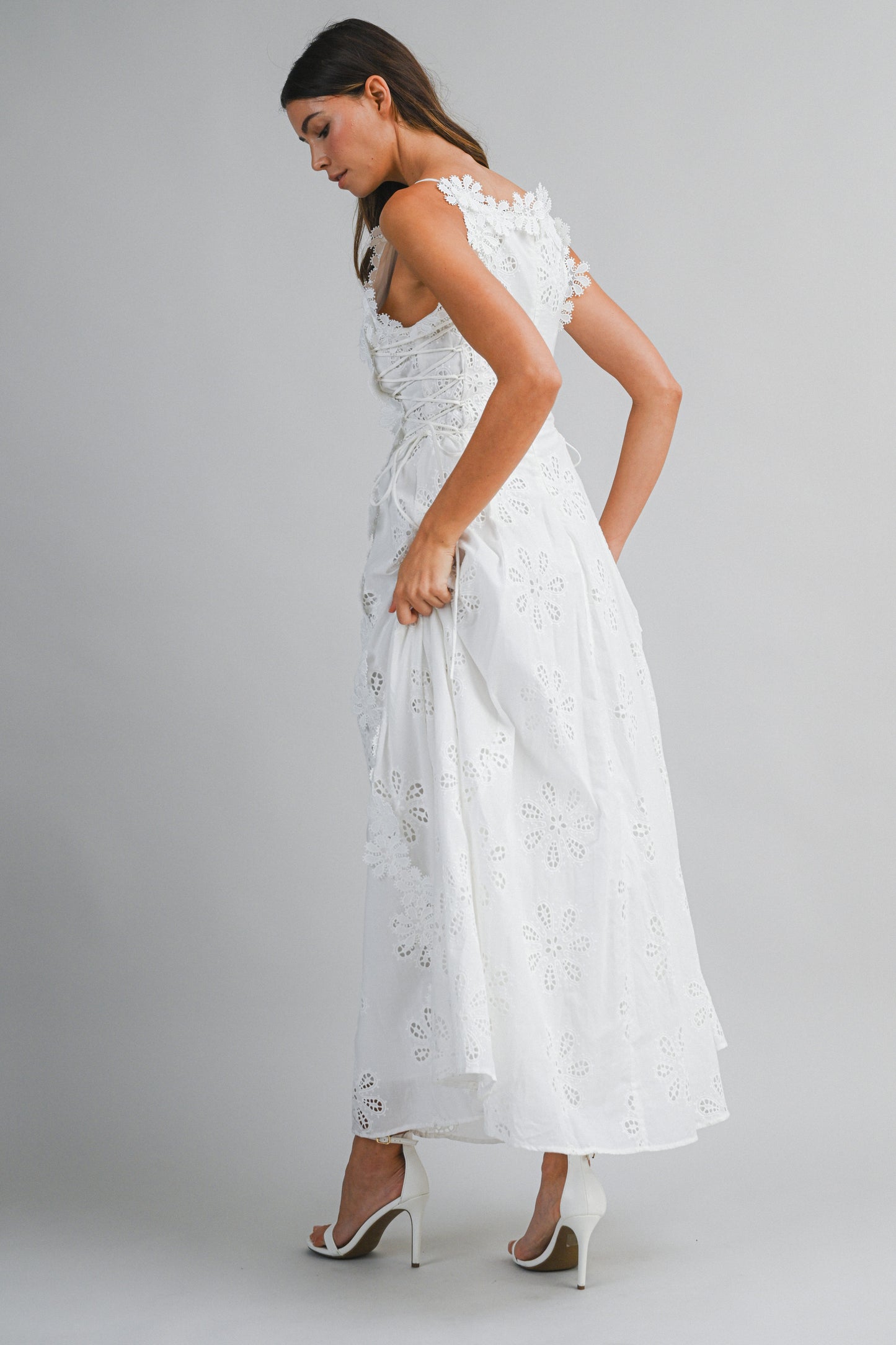 Lace Eyelet Trim Cinch Maxi Dress