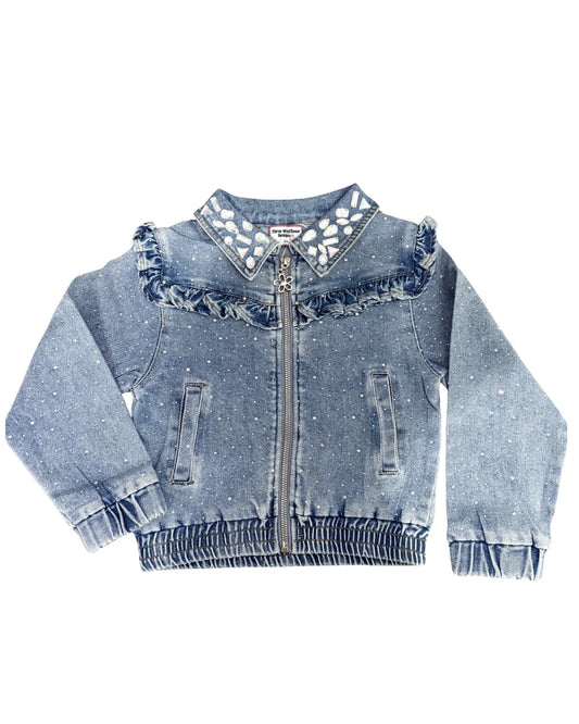 Rhinestone & Ruffle Denim Bomber Jacket