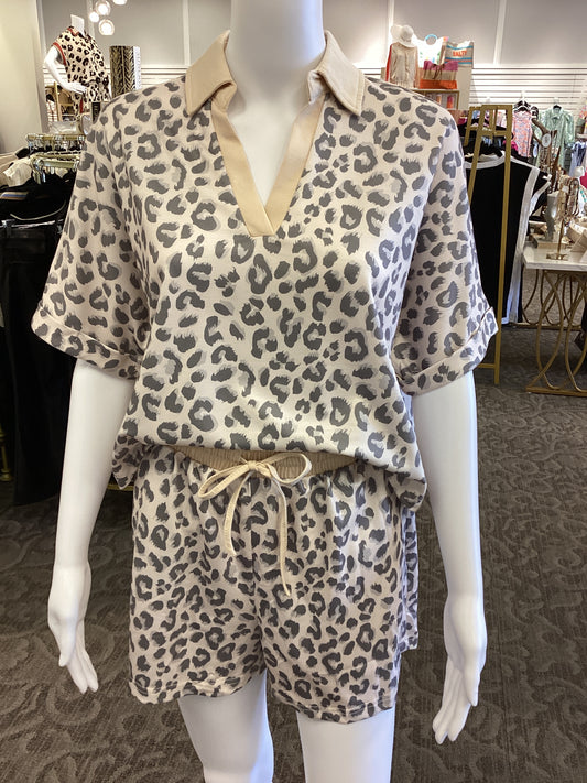 Cream and Grey Leopard Print Short Set
