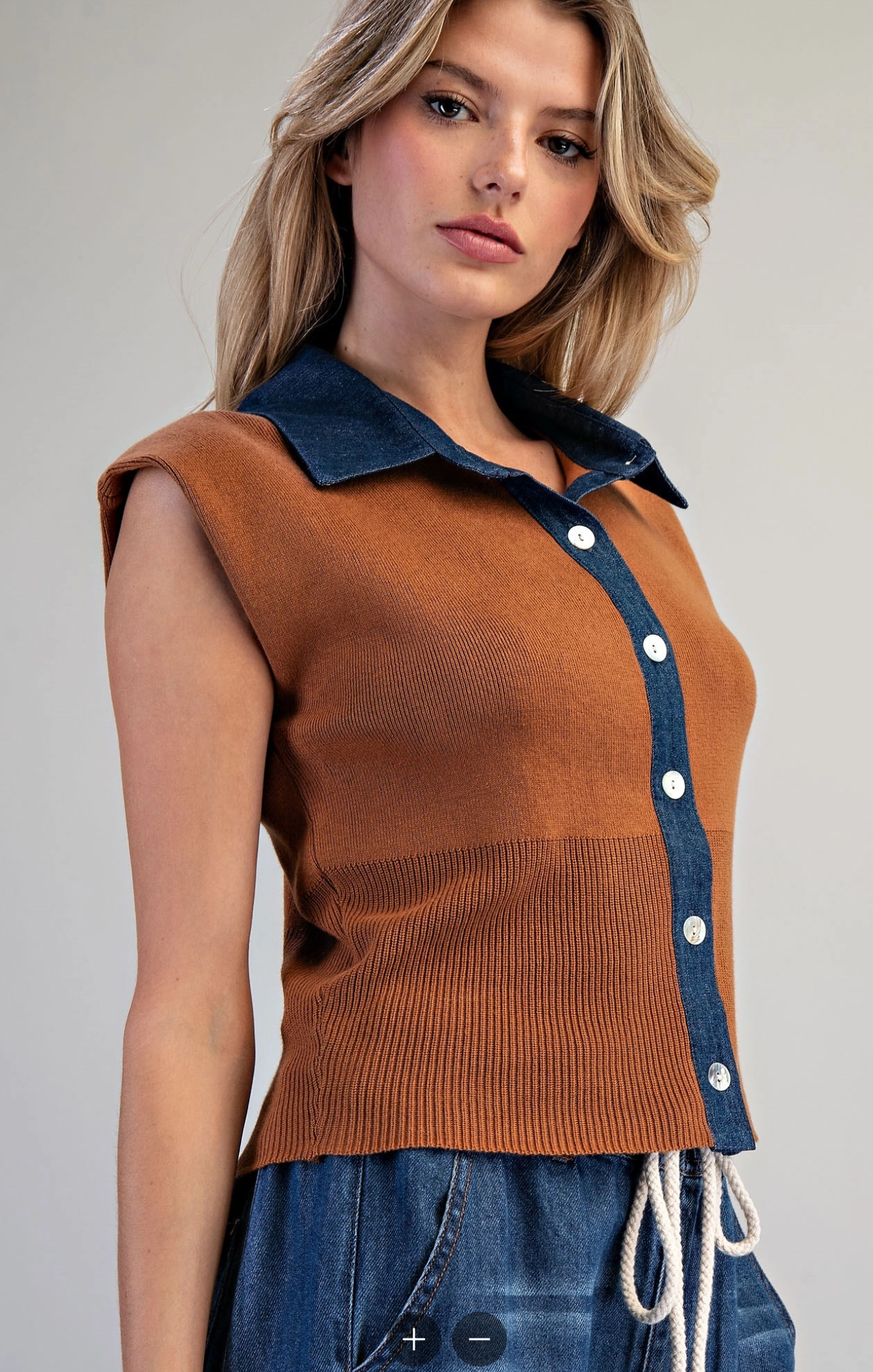 Denim Contrast Cap Sleeve Top