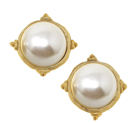 Gold and White Pearl Cabochon Earrings