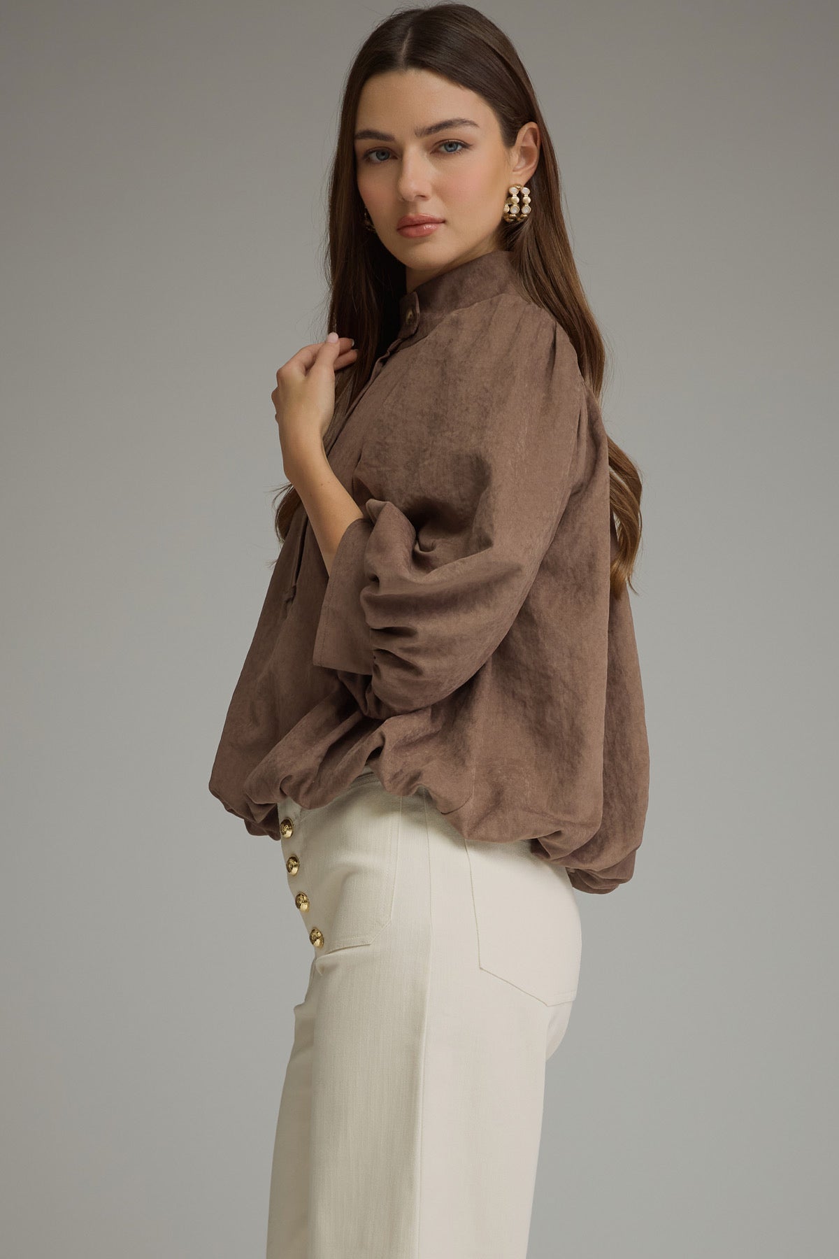 Balloon Sleeve Top - Brown