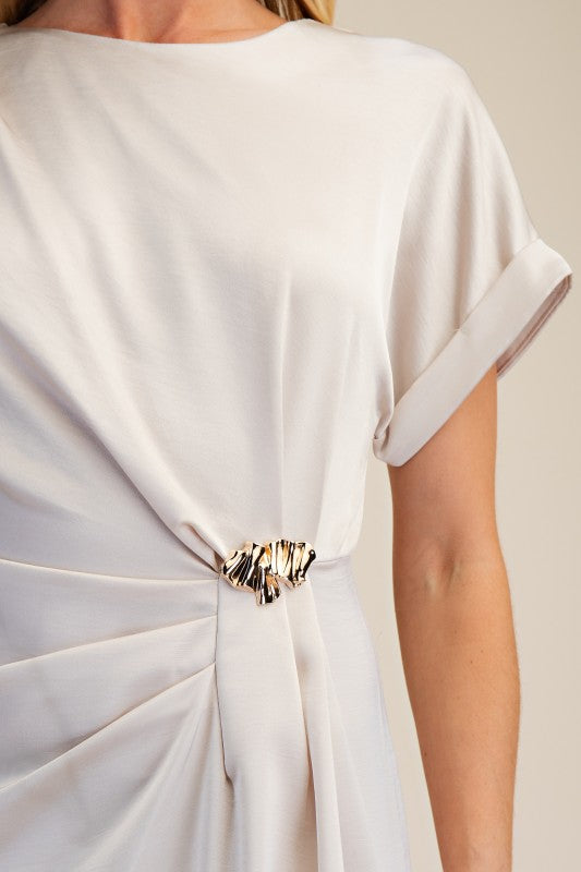Gathered Metal Trim Midi Dress - Cream