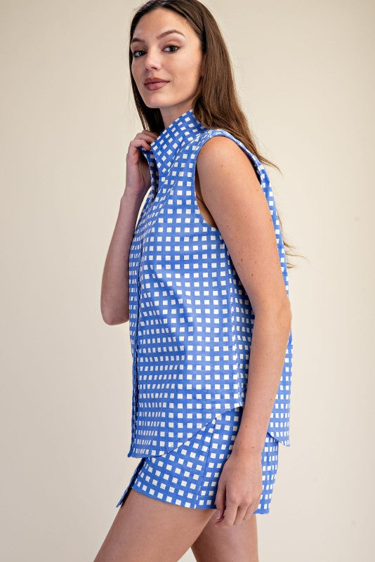 Blue Check Button Down Top