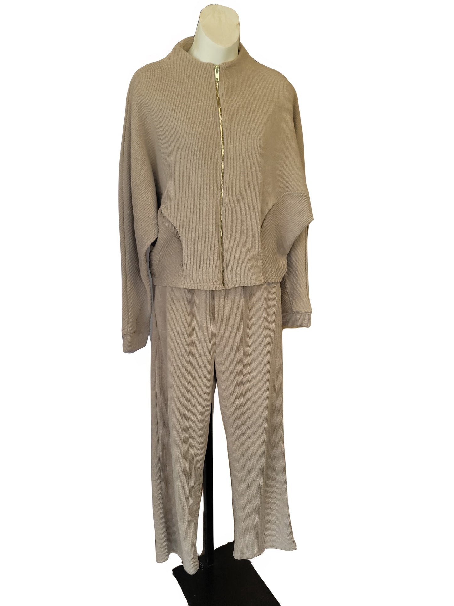 Ribbed Zip Up Jacket Set - Taupe