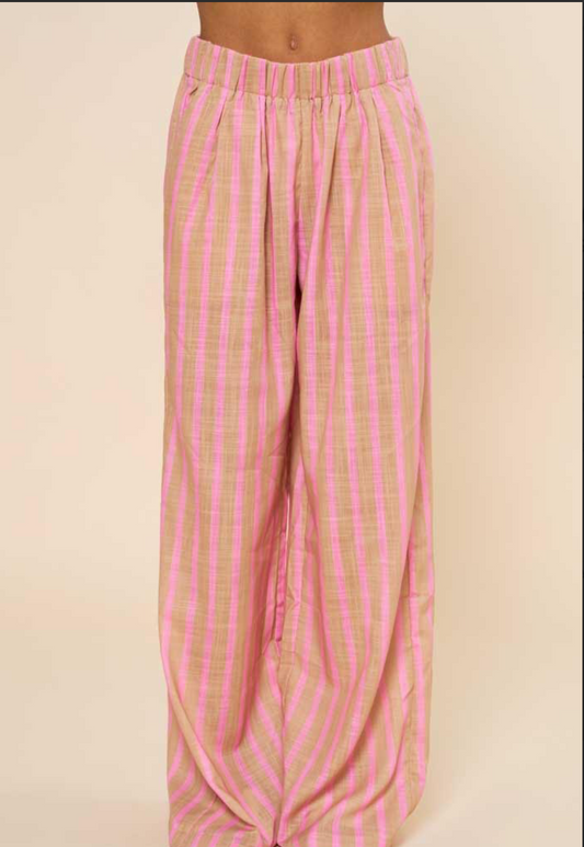 Elastic Waistband Linen Pants Pink/Taupe