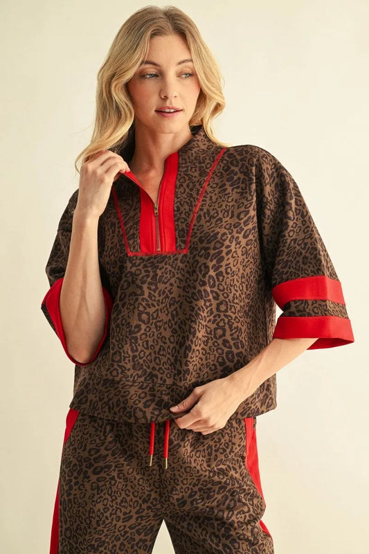 Faux Suede Zip Up Leopard Top