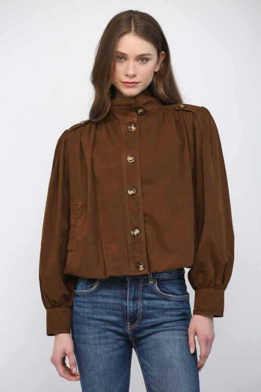 High Stand Collar Bomber Jacket - Dark Brown