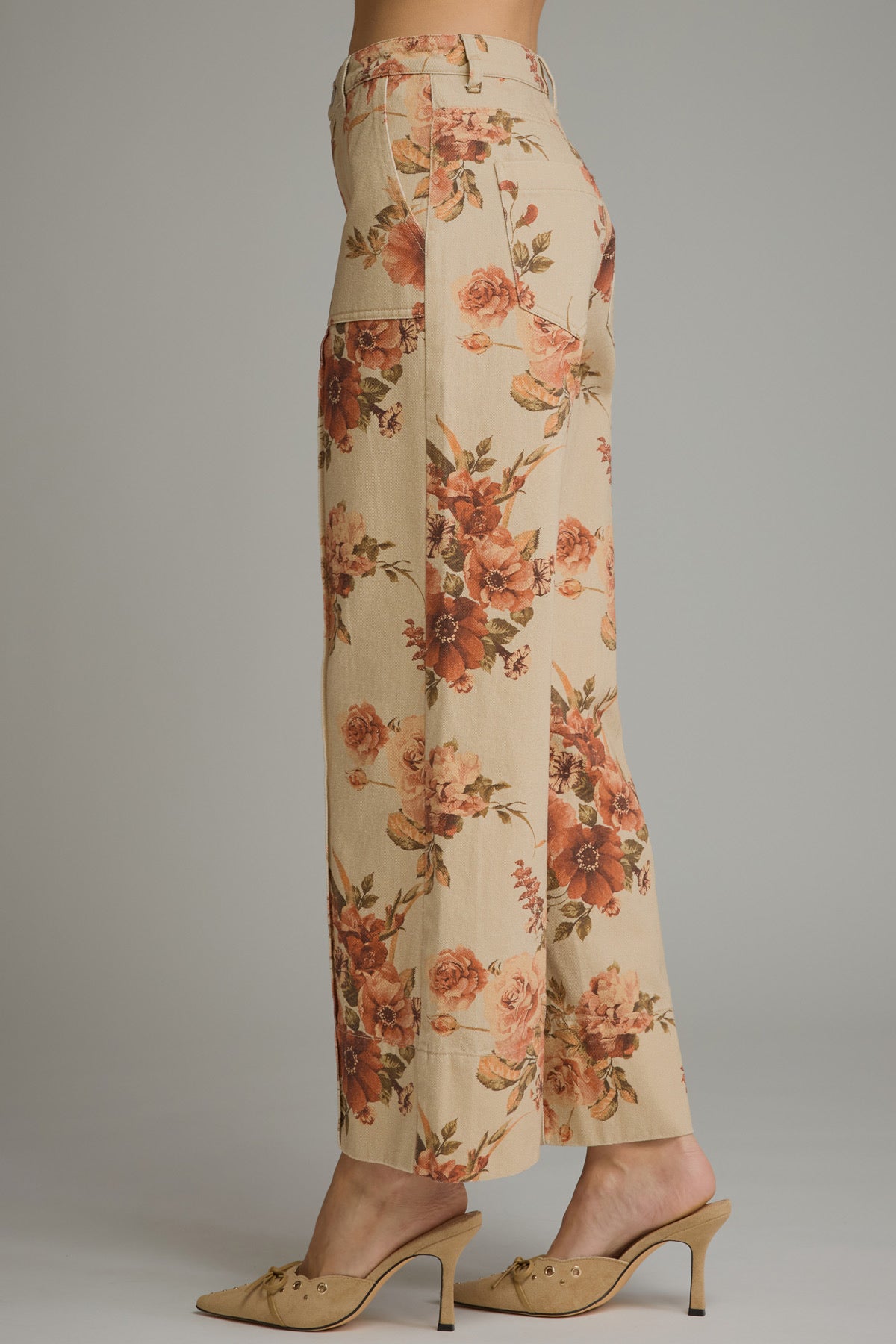 Wide Leg Floral Pant - Taupe