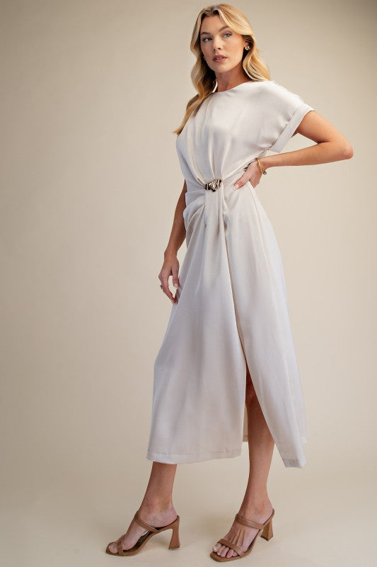 Gathered Metal Trim Midi Dress - Cream