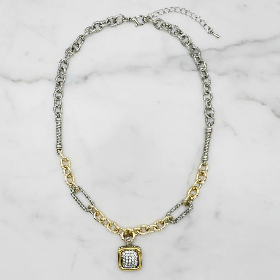 Two Tone Necklace With Square Pendant