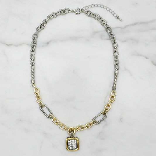 Two Tone Necklace With Square Pendant