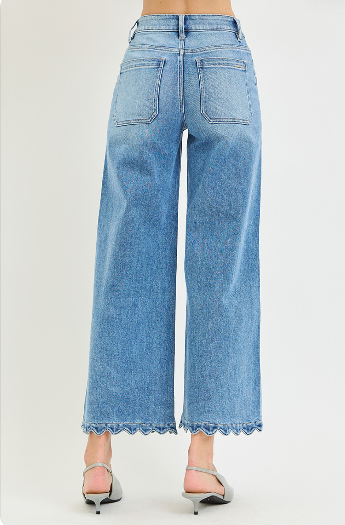 High Rise Crop Wide Leg Jeans With Scallop Patch Pockets