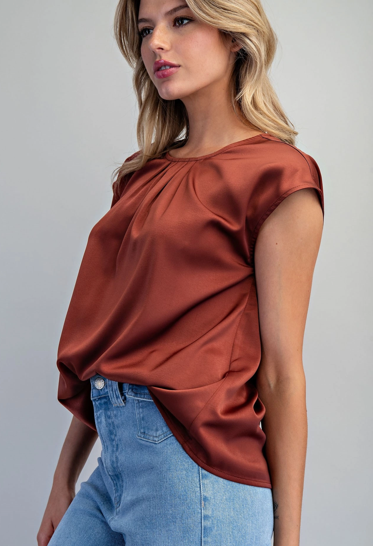 Round Neck Pleated Blouse in Bronze