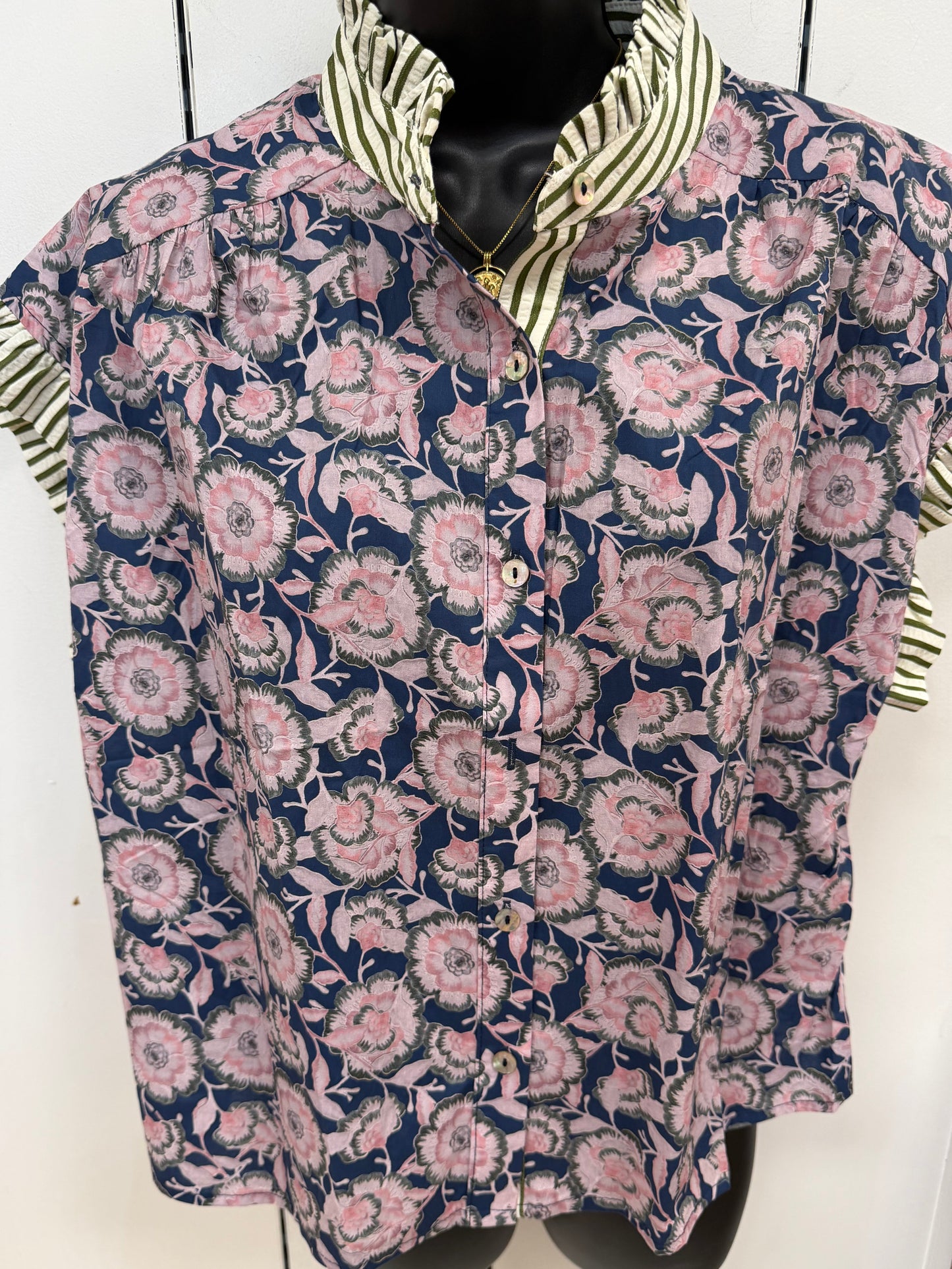 Navy Floral Ruffle Sleeve And Collar Top