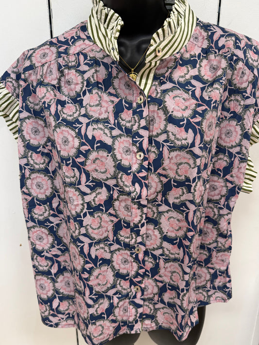 Navy Floral Ruffle Sleeve And Collar Top