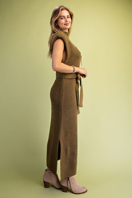 Olive High Neck Knit Midi Dress