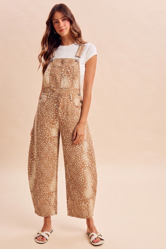 Deer Print Barrel Denim Overalls