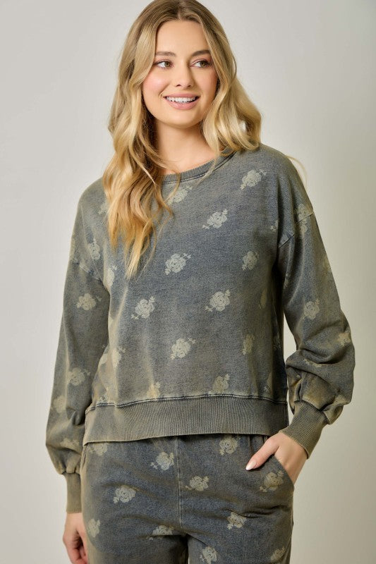 Washed Black Printed Denim Sweater