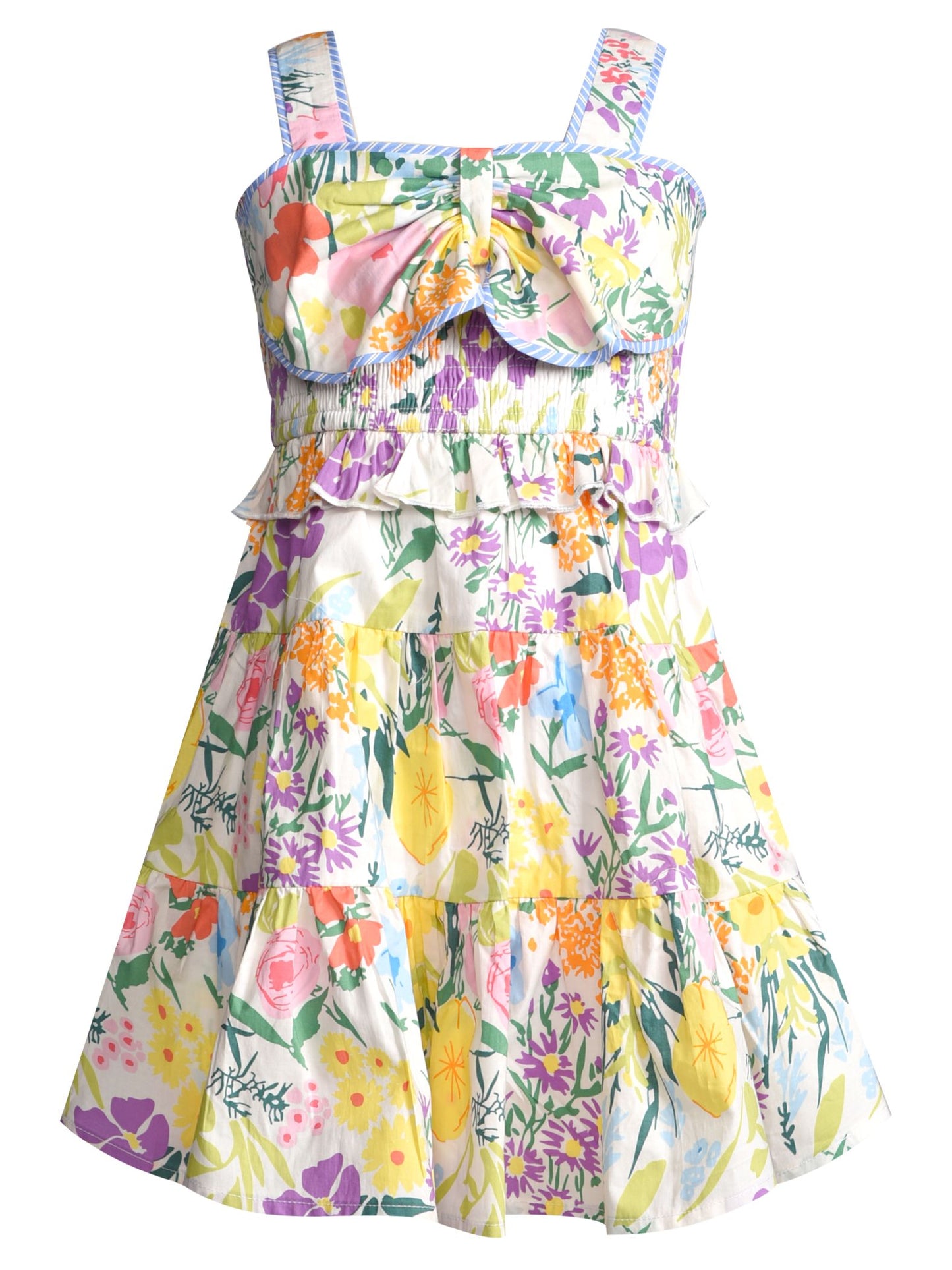Ivory Multi Floral Print Dress W Bow
