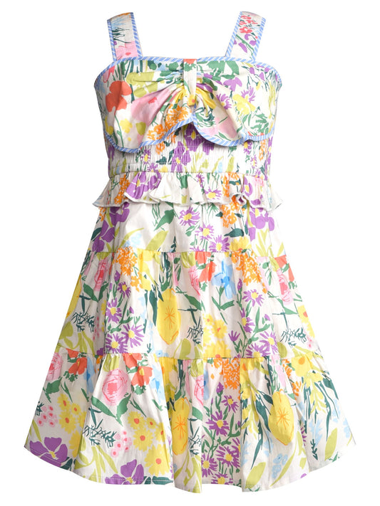 Ivory Multi Floral Print Dress W Bow