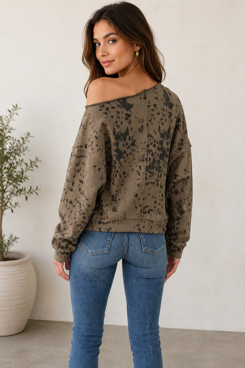 Olive Speckled One Shoulder Sweatshirt