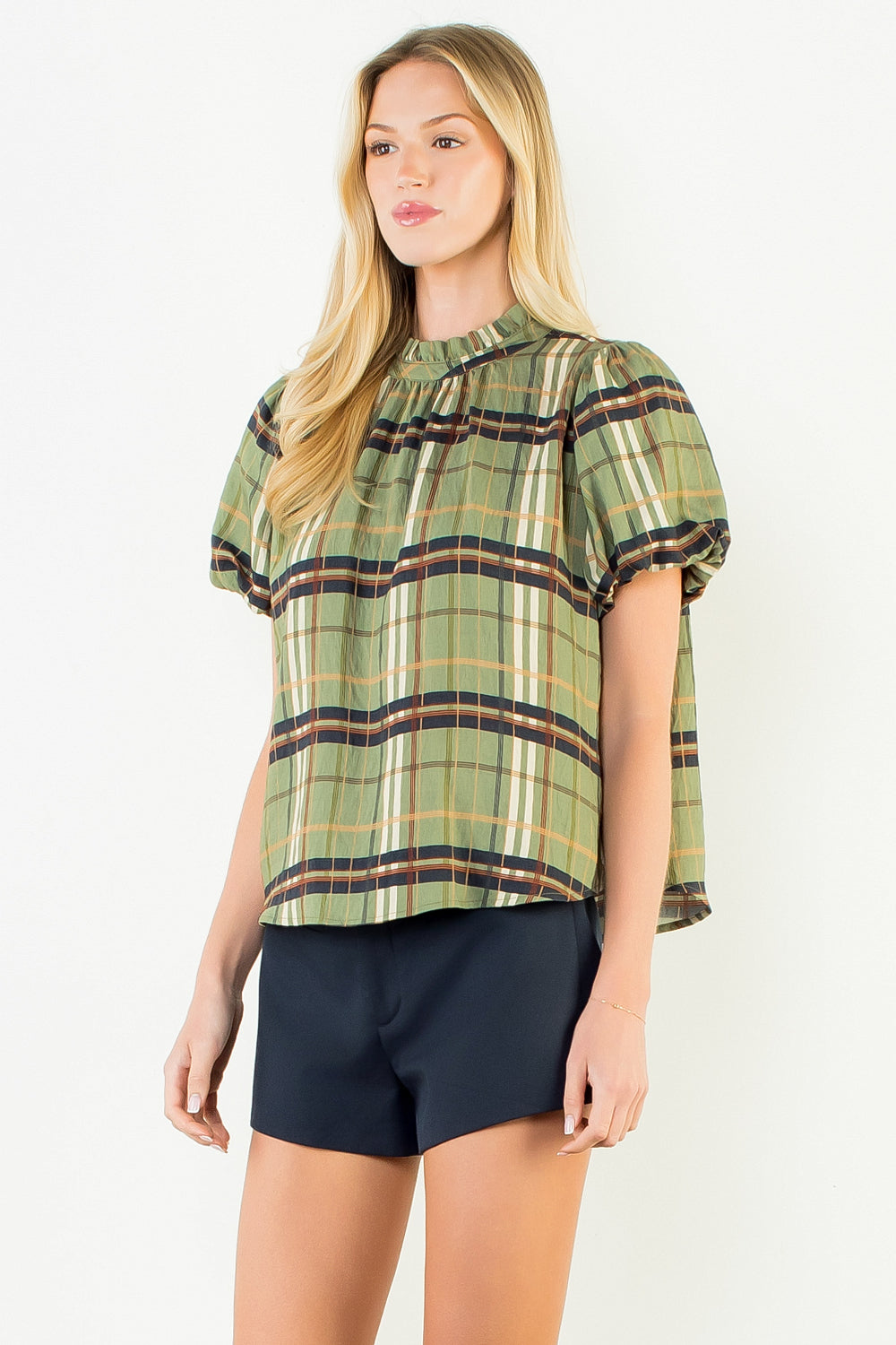 Ruffle Neck Plaid Top