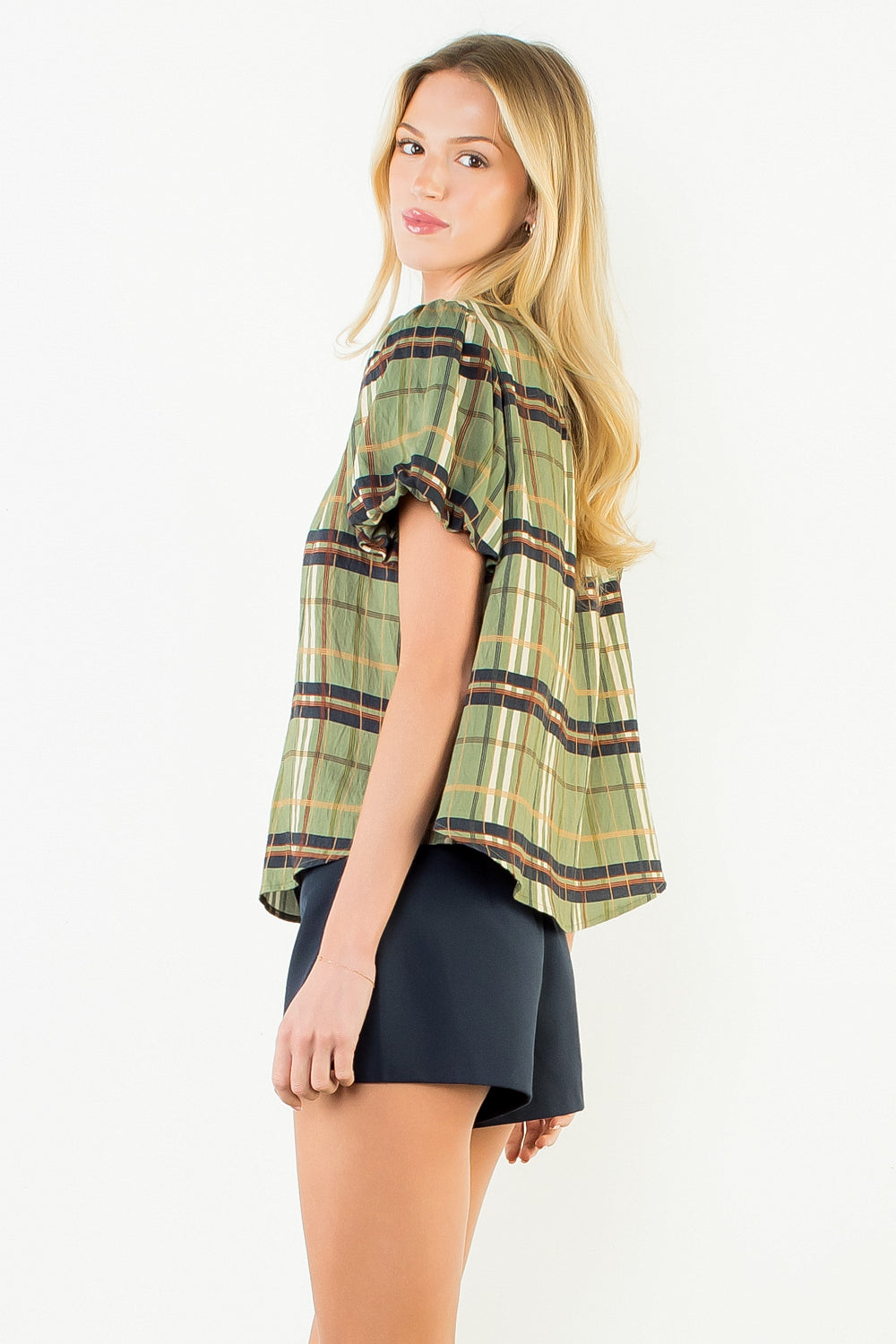 Ruffle Neck Plaid Top