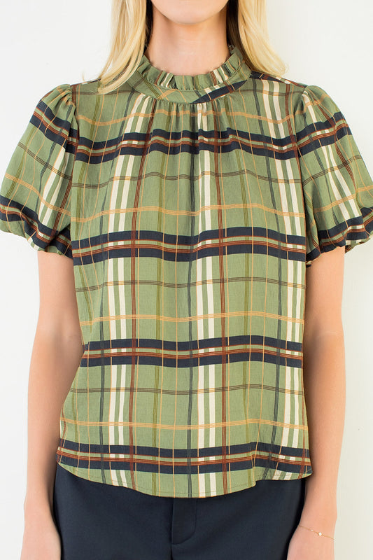 Ruffle Neck Plaid Top