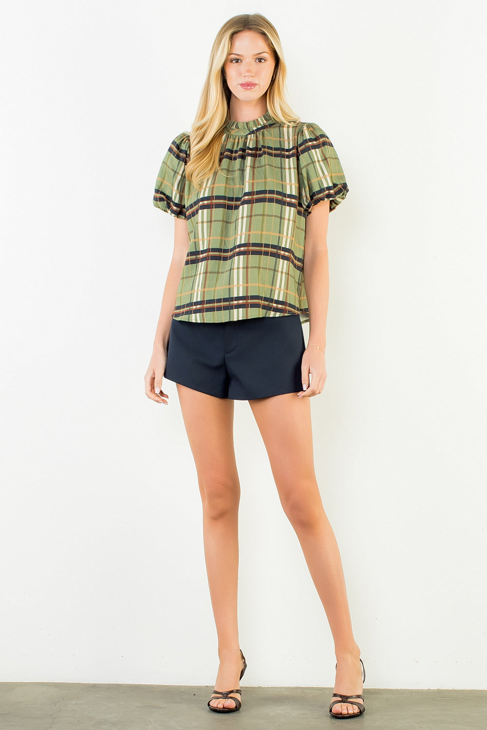 Ruffle Neck Plaid Top
