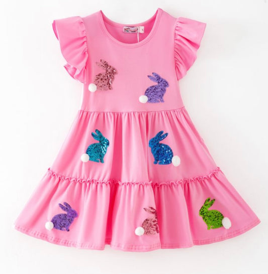Pink Bunny Tail Sequin Girls Dress