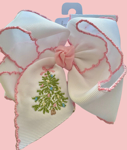 Crochet Edge Bow W/ Tree Embroidery 5.5”