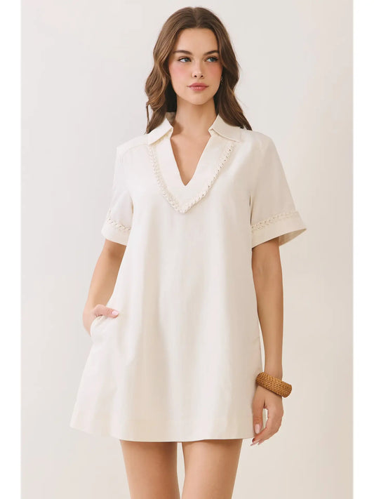 White Braided Collared Mini Dress