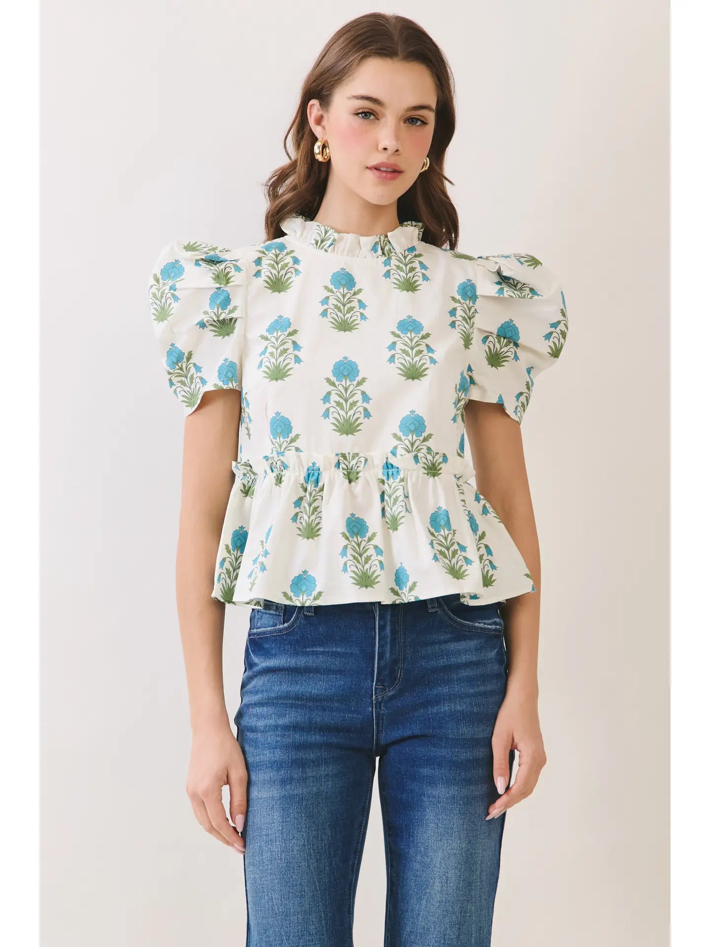 Floral Puff Sleeve Peplum Top