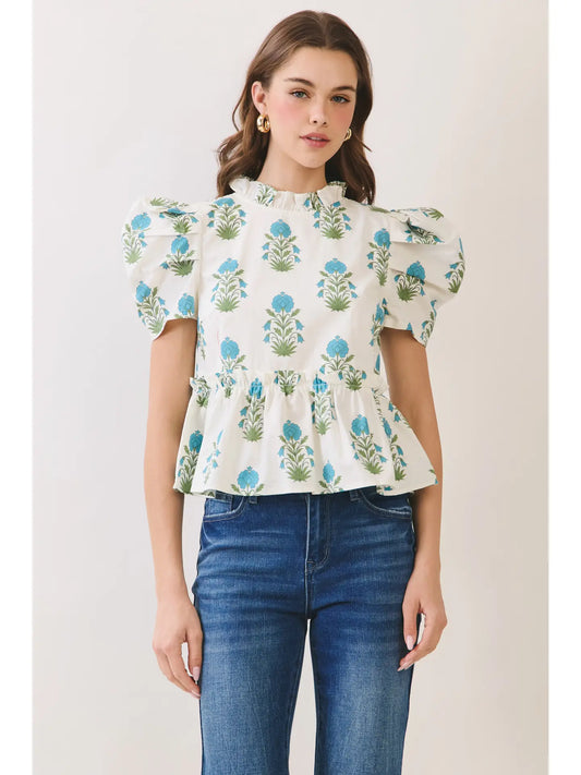 Floral Puff Sleeve Peplum Top