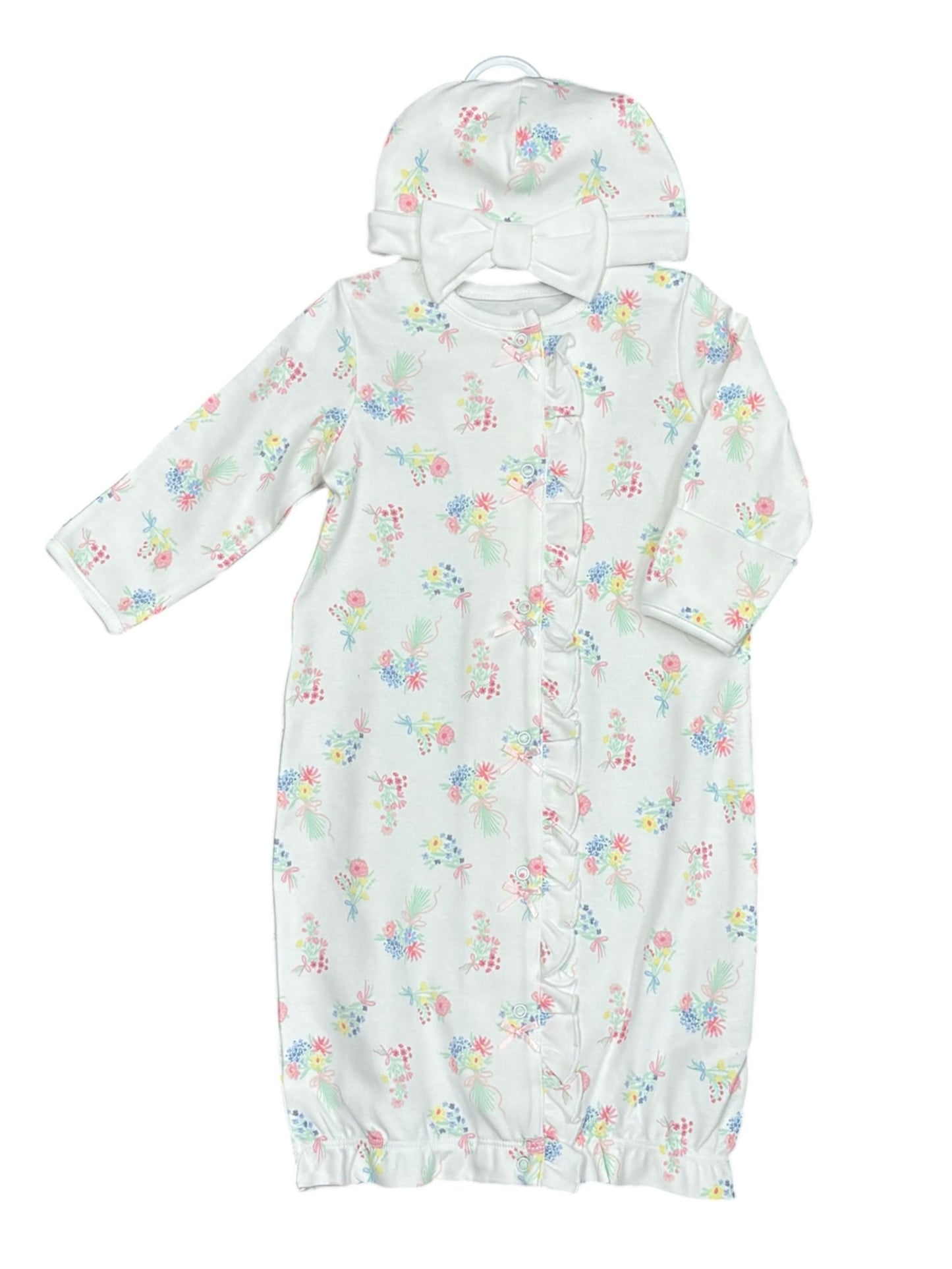 White Floral Baby Gown & Hat Set