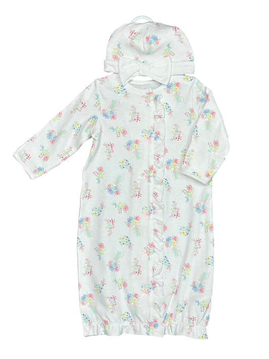 White Floral Baby Gown & Hat Set