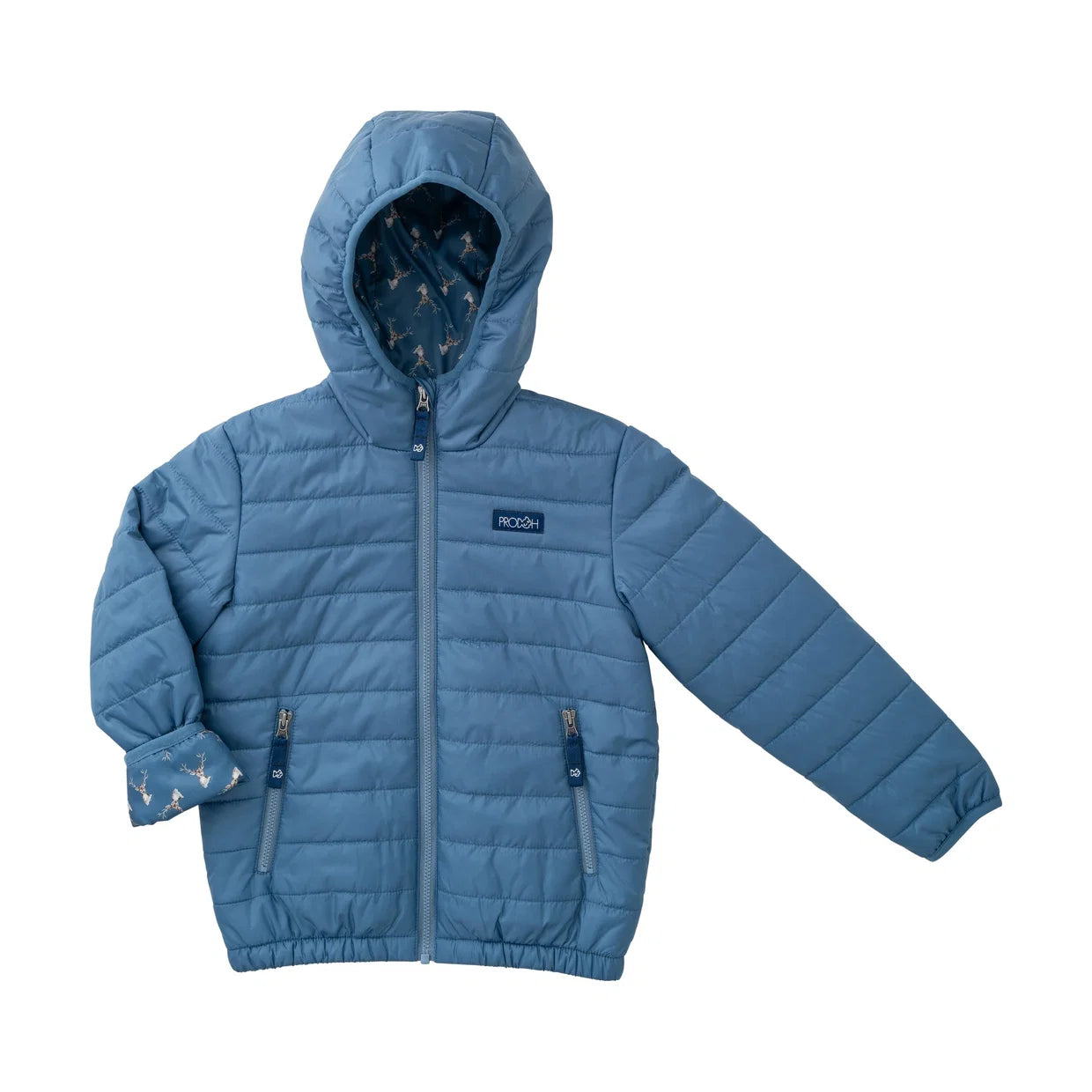 Hooded Puffer Jacket-Faded Blue with Deer Head Printed Liner
