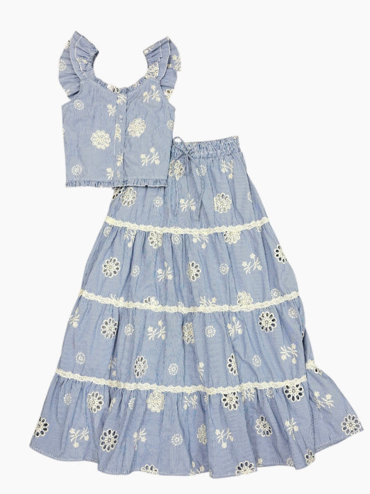 Blue Floral & Off White Eyelet Skirt Set
