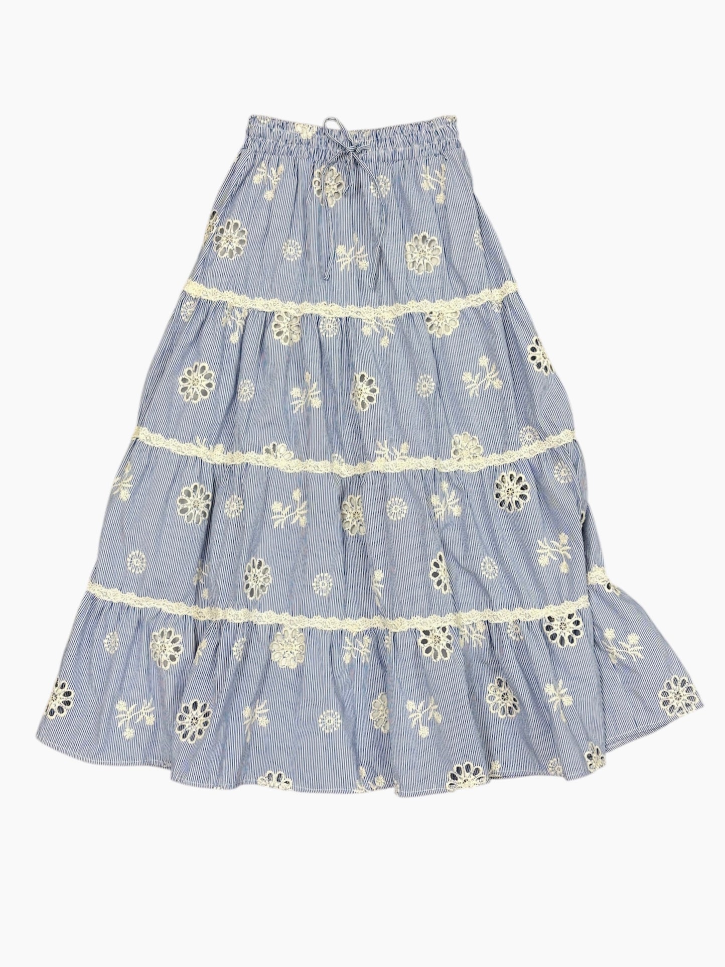 Blue Floral & Off White Eyelet Skirt Set