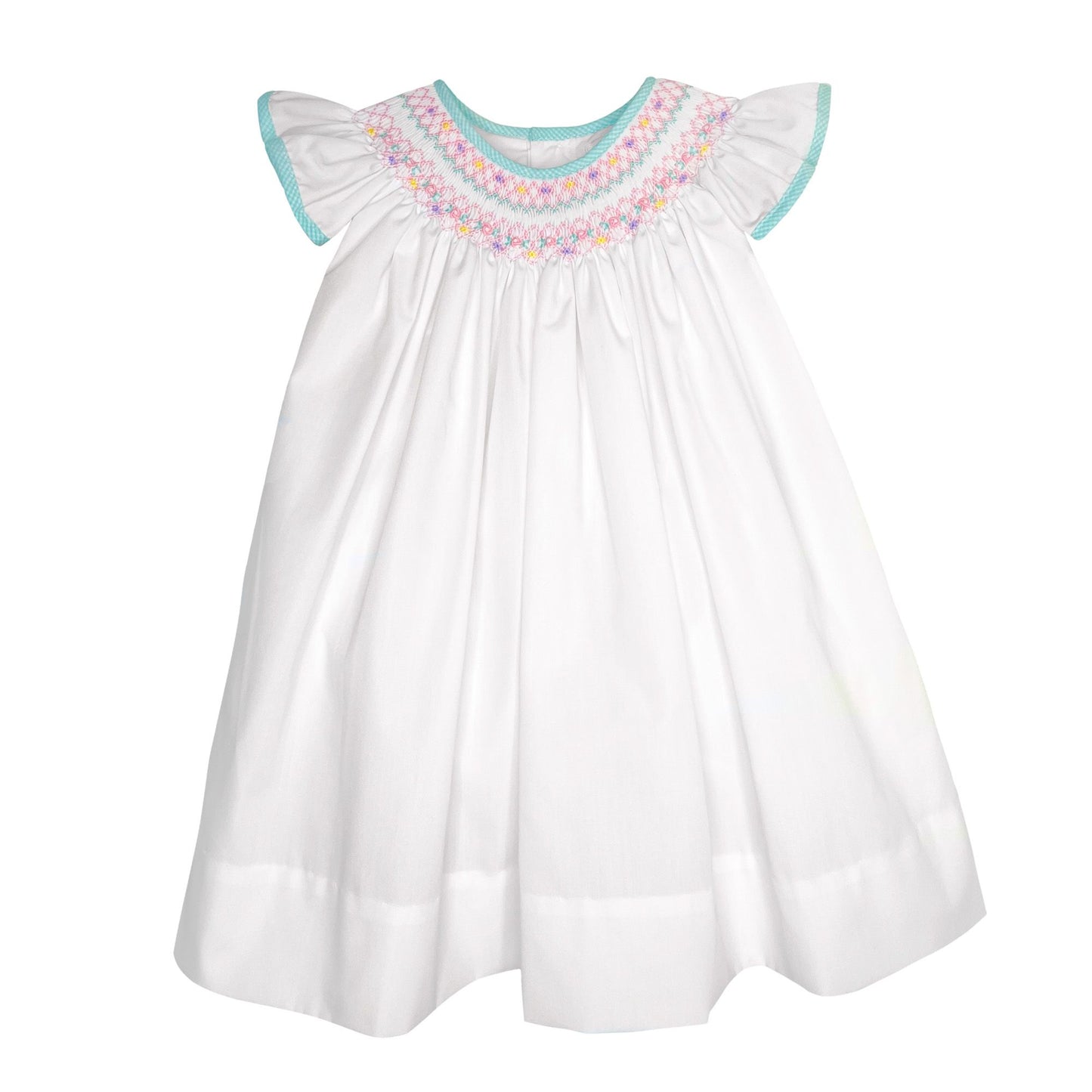 White & Teal Smocked Embroidered Dress