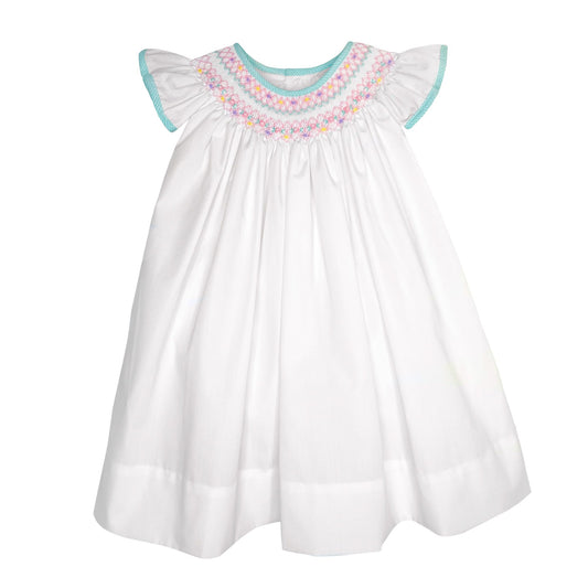 White & Teal Smocked Embroidered Dress