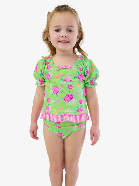 Neon Turtle Tide Puff Sleeve Ruffle Tankini 2-Piece Swimsuit