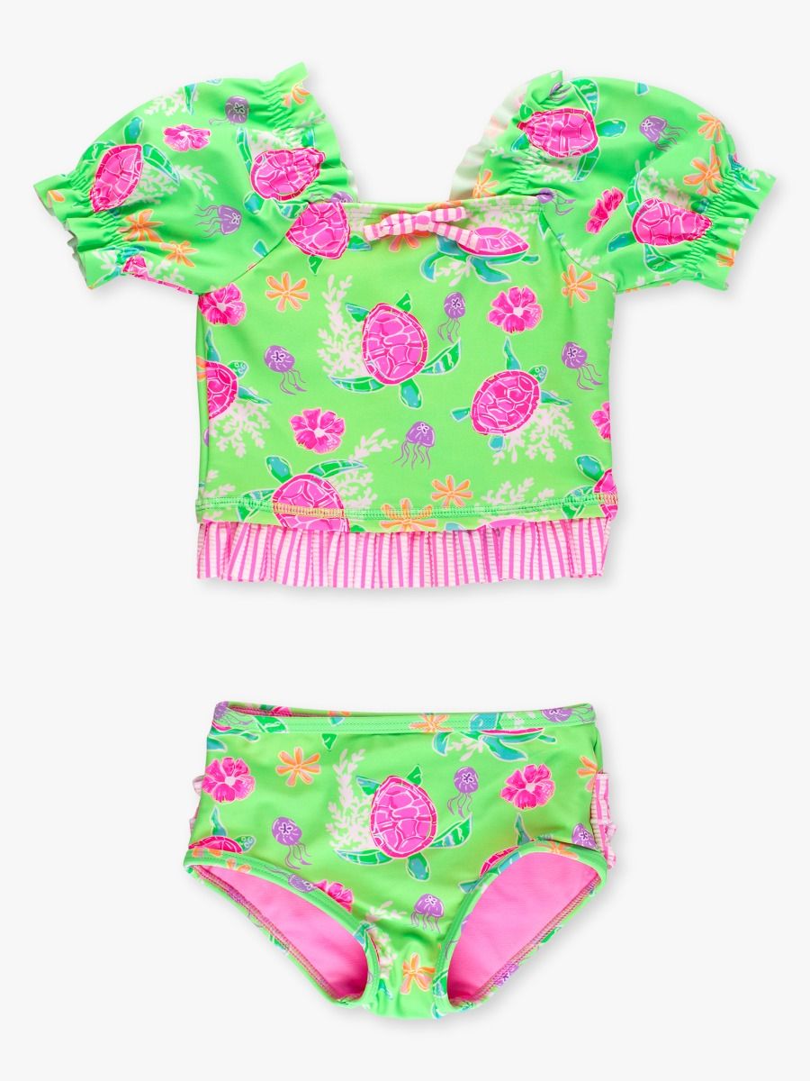 Neon Turtle Tide Puff Sleeve Ruffle Tankini 2-Piece Swimsuit